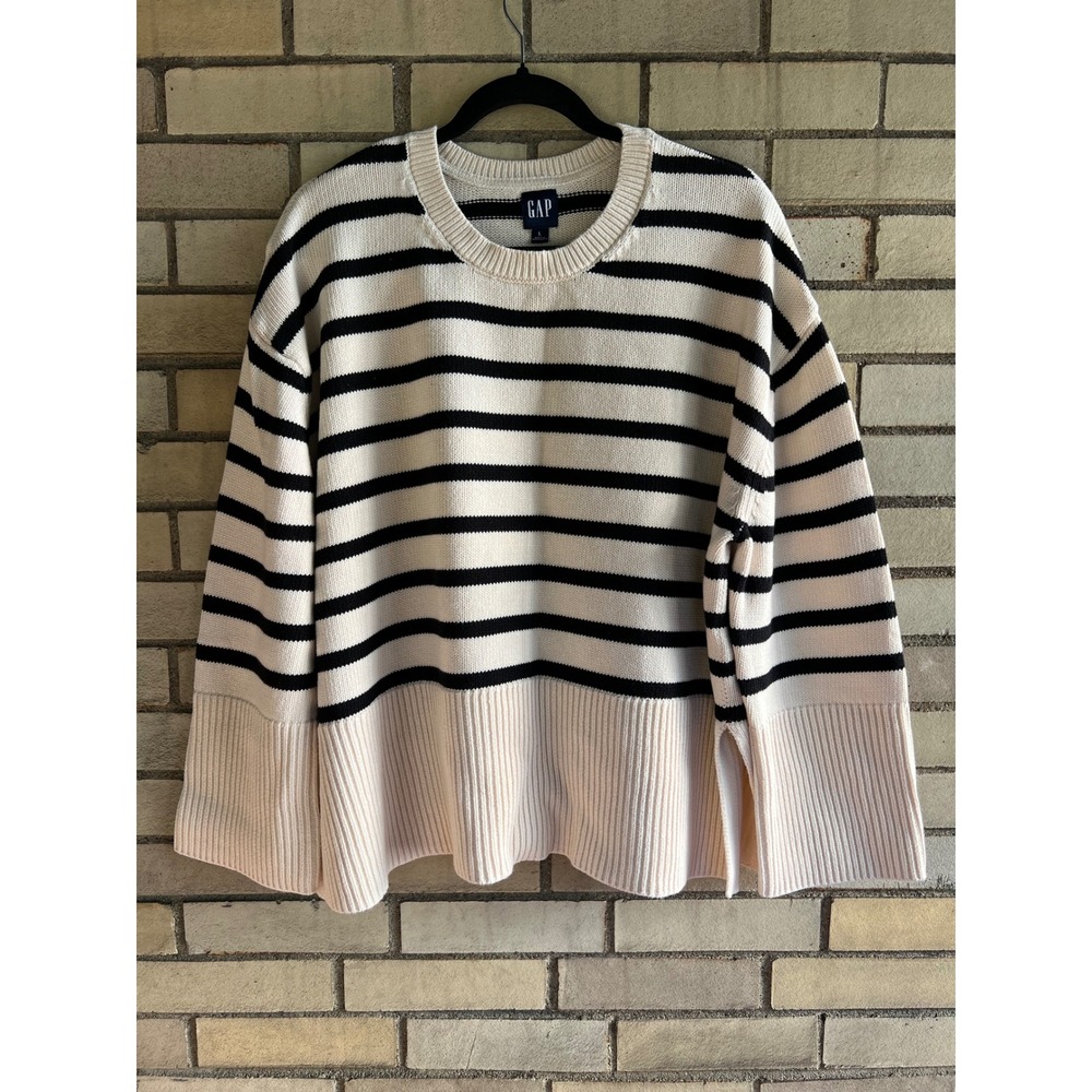 Gap Striped Crewneck Sweater Cream Black Cotton Knit Size Large